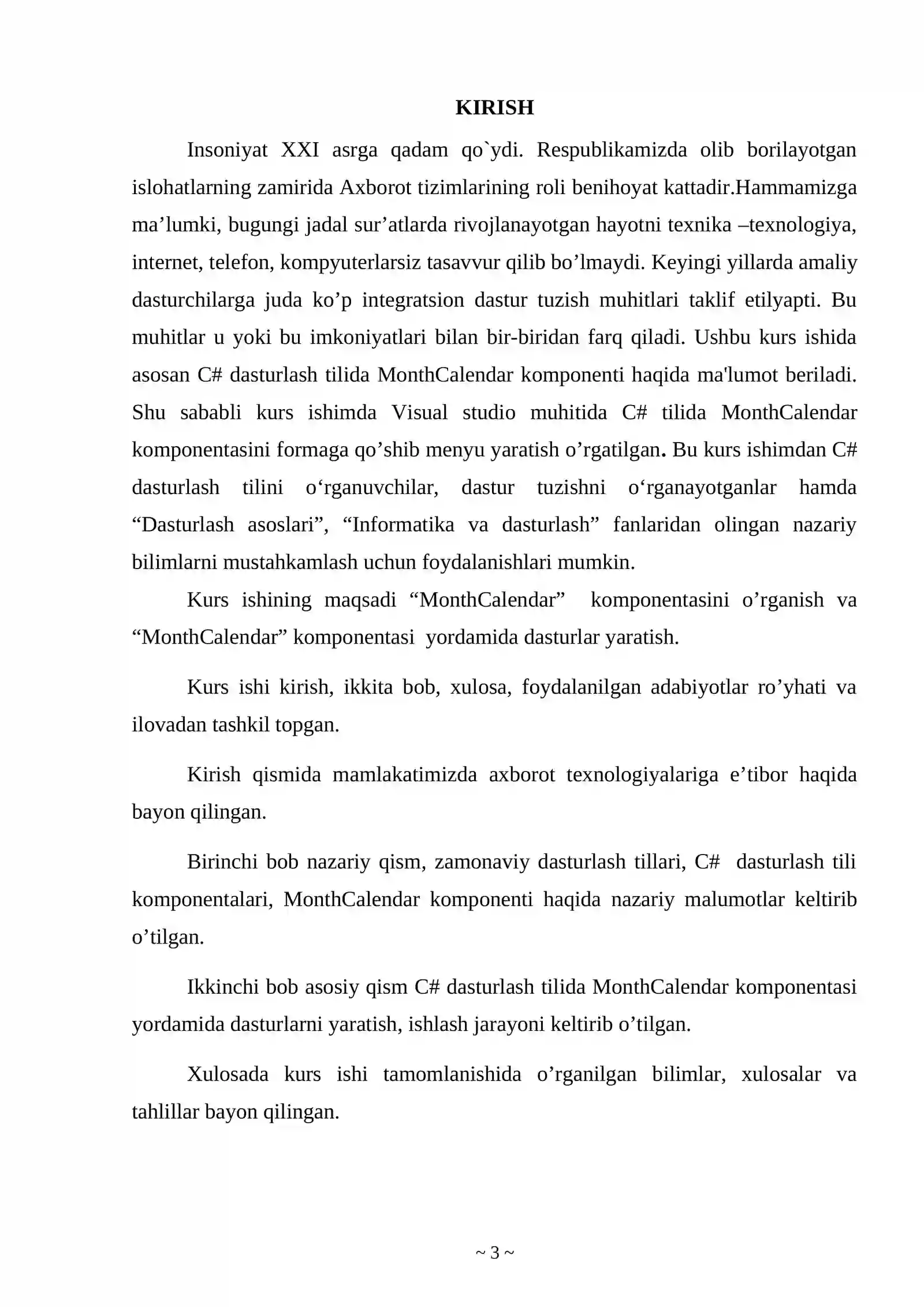 Dasturlash asoslari fanidan "C# dasturlash tilida MonthCalendar komponentasi yordamida dasturlar yaratish" 3
