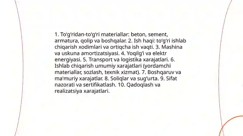 Qurilish mahsulotining o'ziga tushuvchi asosiy tannarx elementlari 3