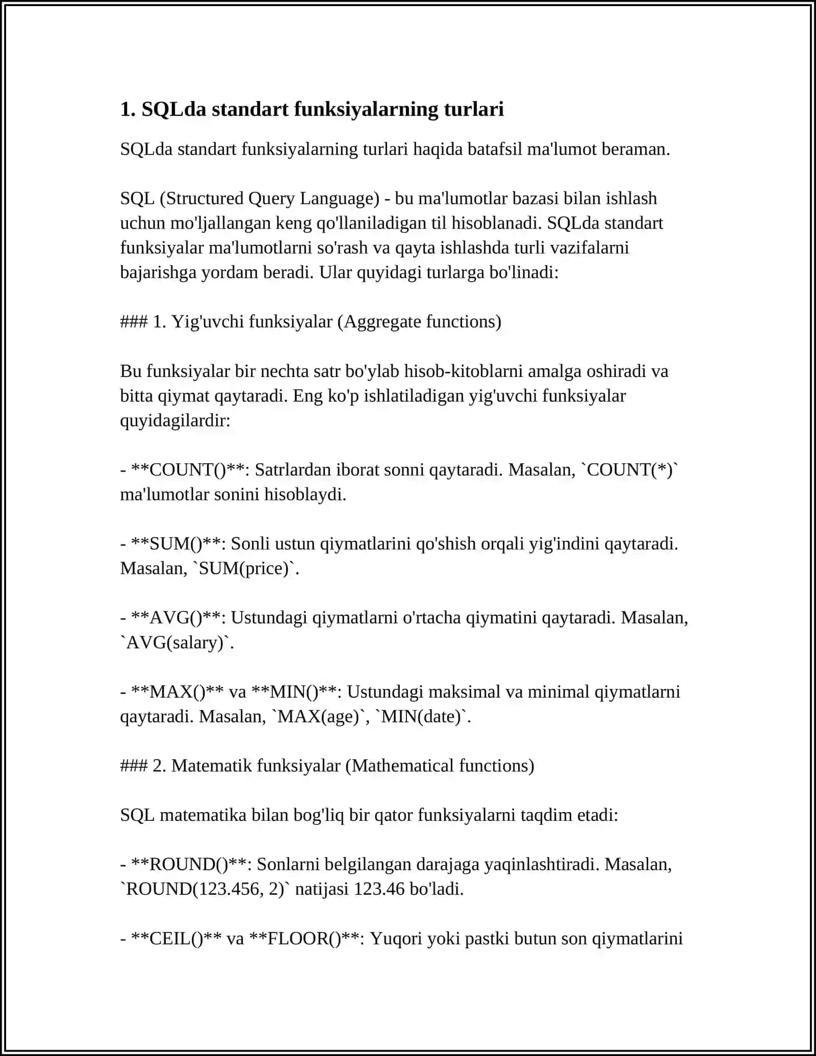 STANDRAT FUNKSIYALARDAN FOYDALANIB SOROVLAR YARATISH MAVZZUSIDA 3