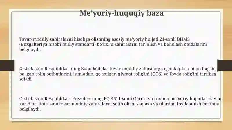 Tovar-moddiy zahiralarni qabul qilish va hisobga olishning me’yoriy-huquqiy asoslari va tartibi 3