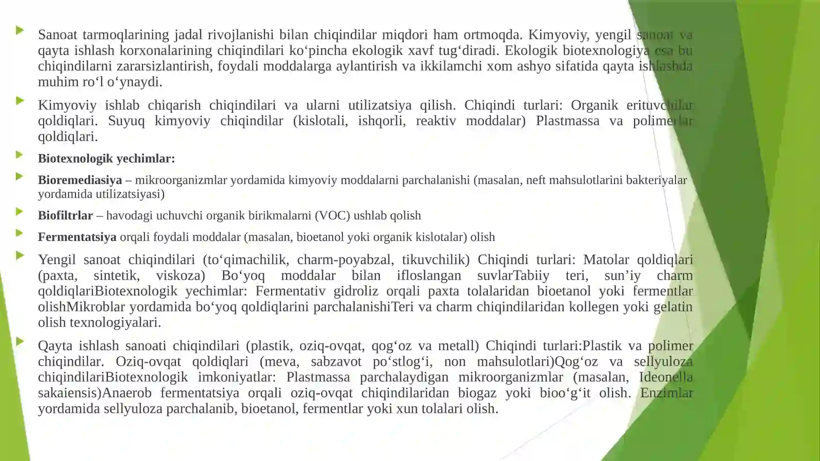 KIMYOVIY ISHLAB CHIQARISH, YENGIL SANOAT VA QAYTA ISHLASH KORXONALARI CHIQINDILARI UTILIZATSIYASI VA ULARDAN IKKILAMCHI XOM ASHYOLAR OLISH BO‘YICHA EKOLOGIK BIOTEXNOLOGIYA IMKONIYATLARI 3
