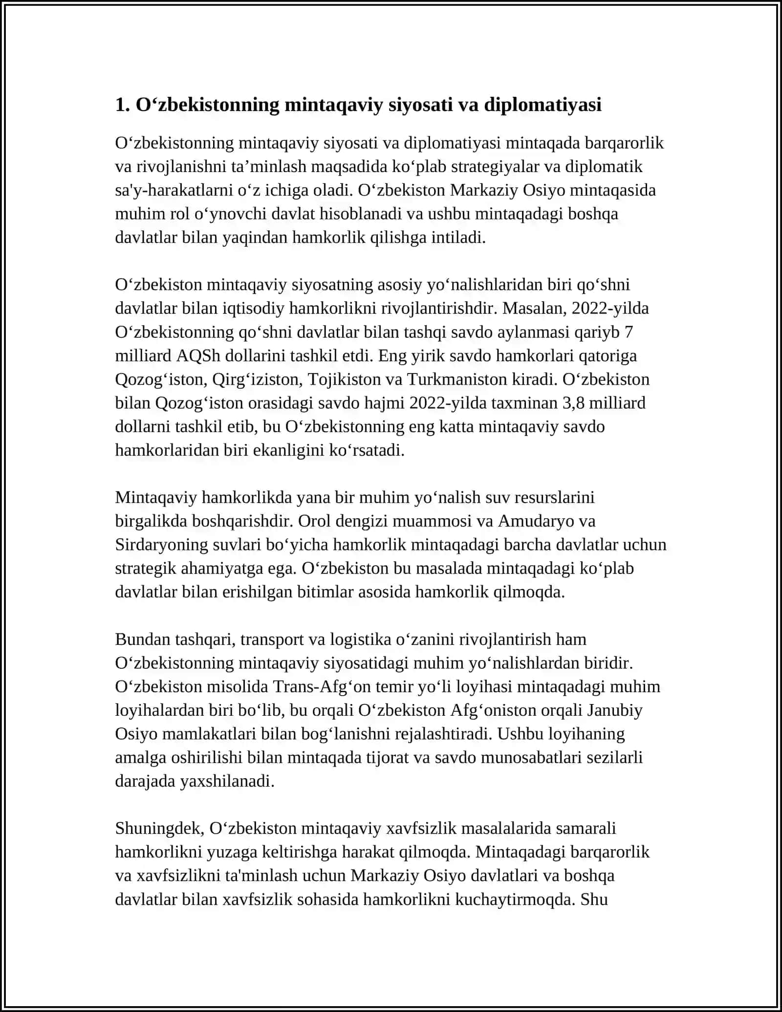 O‘zbekistonning Markaziy Osiyoda Tinchlik Barqarorlikni Ta’minlashdagi O‘rni 3