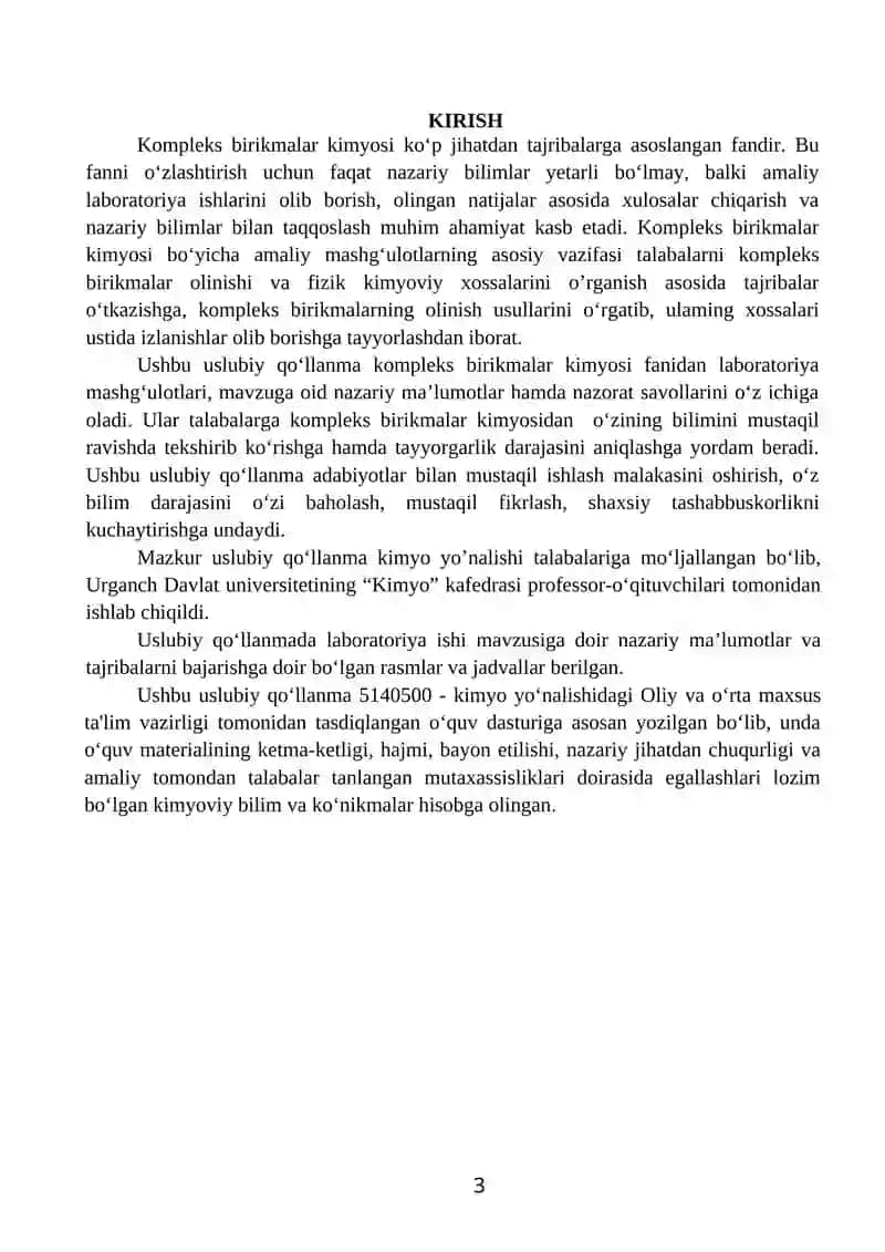 Kompleks birikmalar kimyosi fani uchun o‘quv-uslubiy qo‘llanma 3