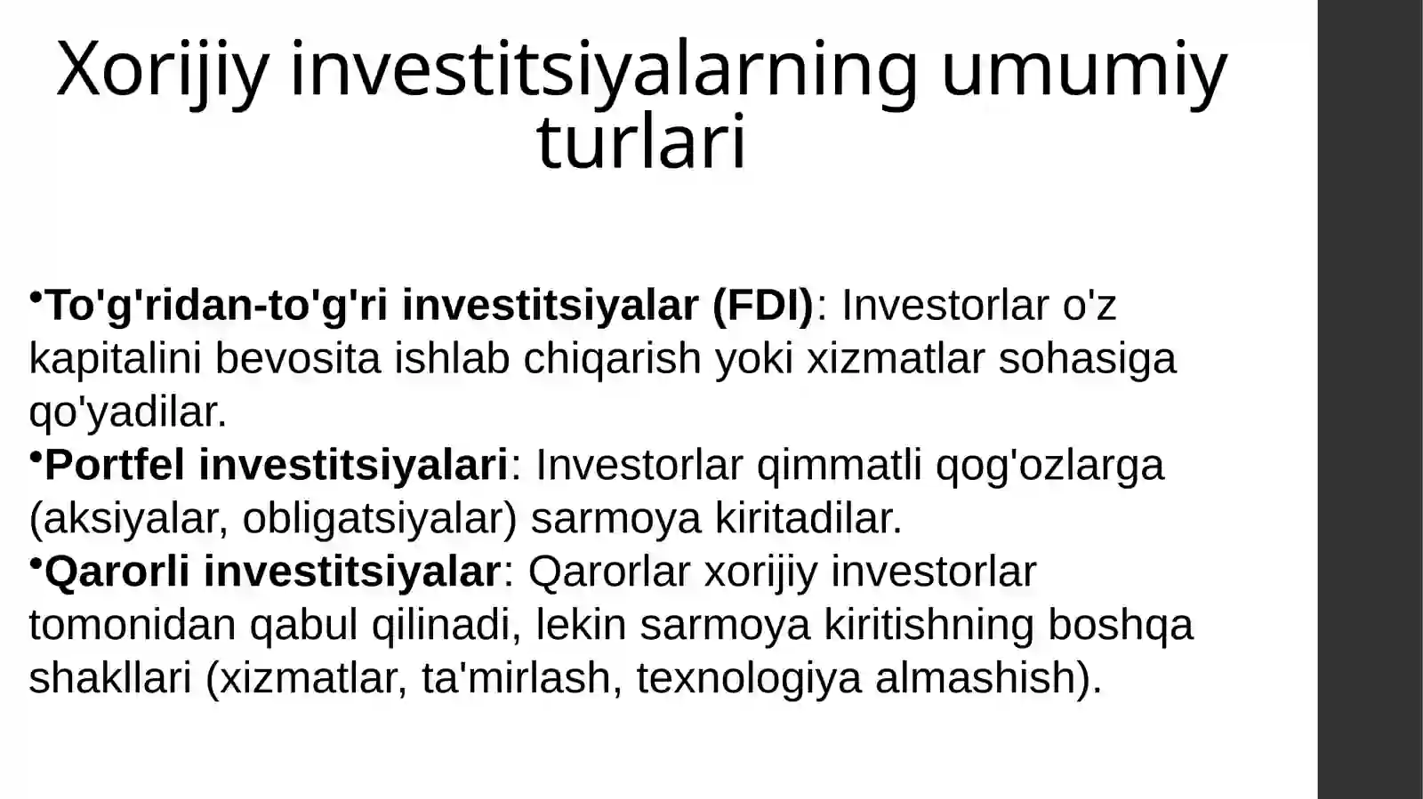Xorijiy investitsiyalar: Xorijiy investitsiyalarning shakl va turlari 3