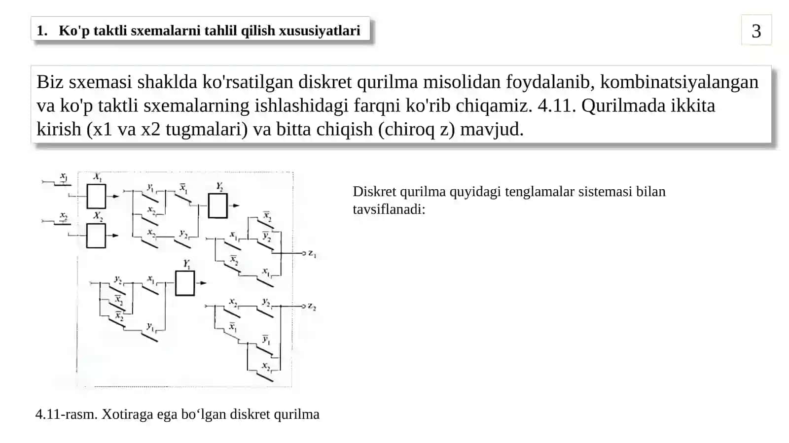 Xotiraga ega diskret qurilmalarni tahlil qilish. O'tish va chiqish jadvallarini qurish (Cheklangan avtomatlarni qurish usullari.) 3