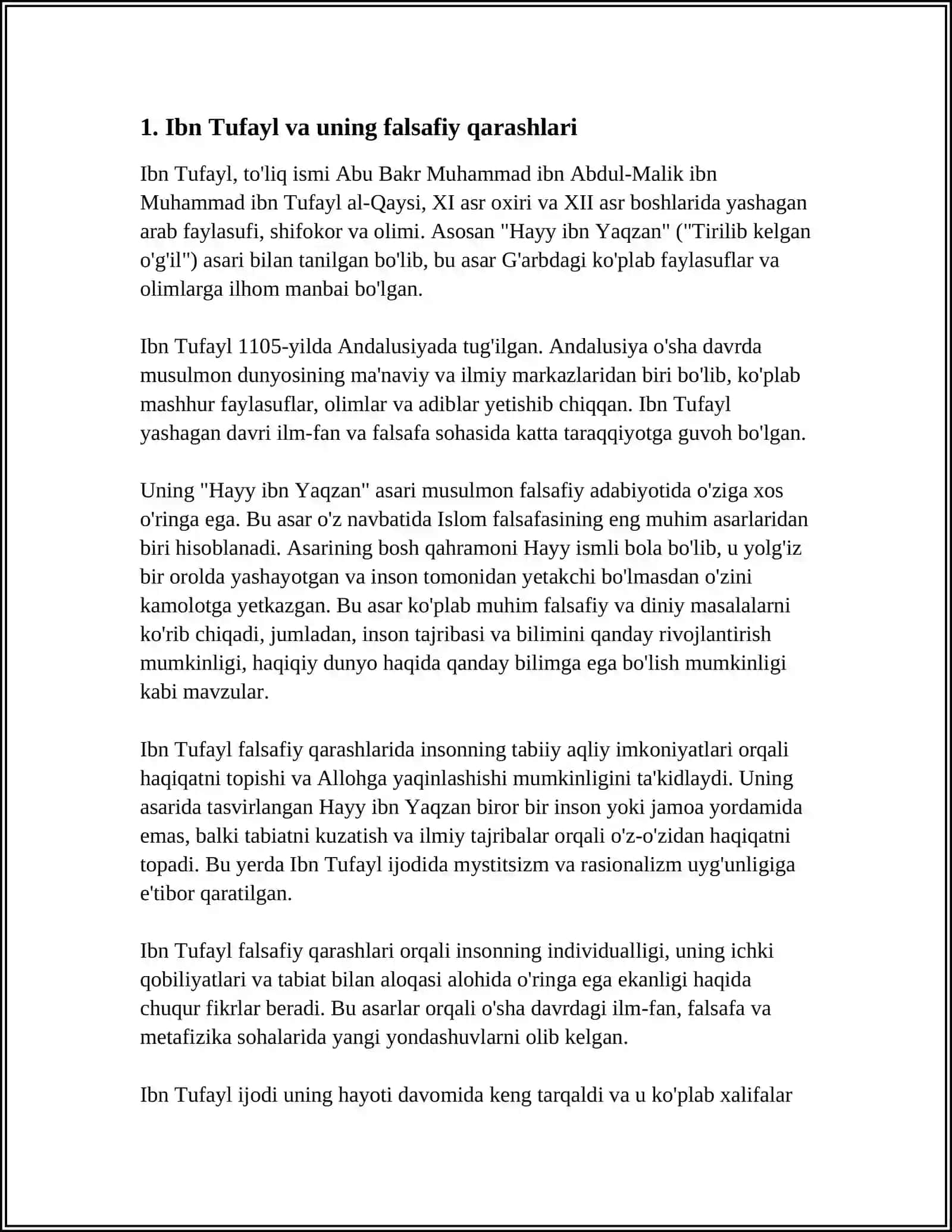 IBN TUFAYL VA IBN SINONING "XAY IBN YAKZON O'G'LI". REFERAT 15 BET. XULOSA ADABIYOTLARI BILAN 3