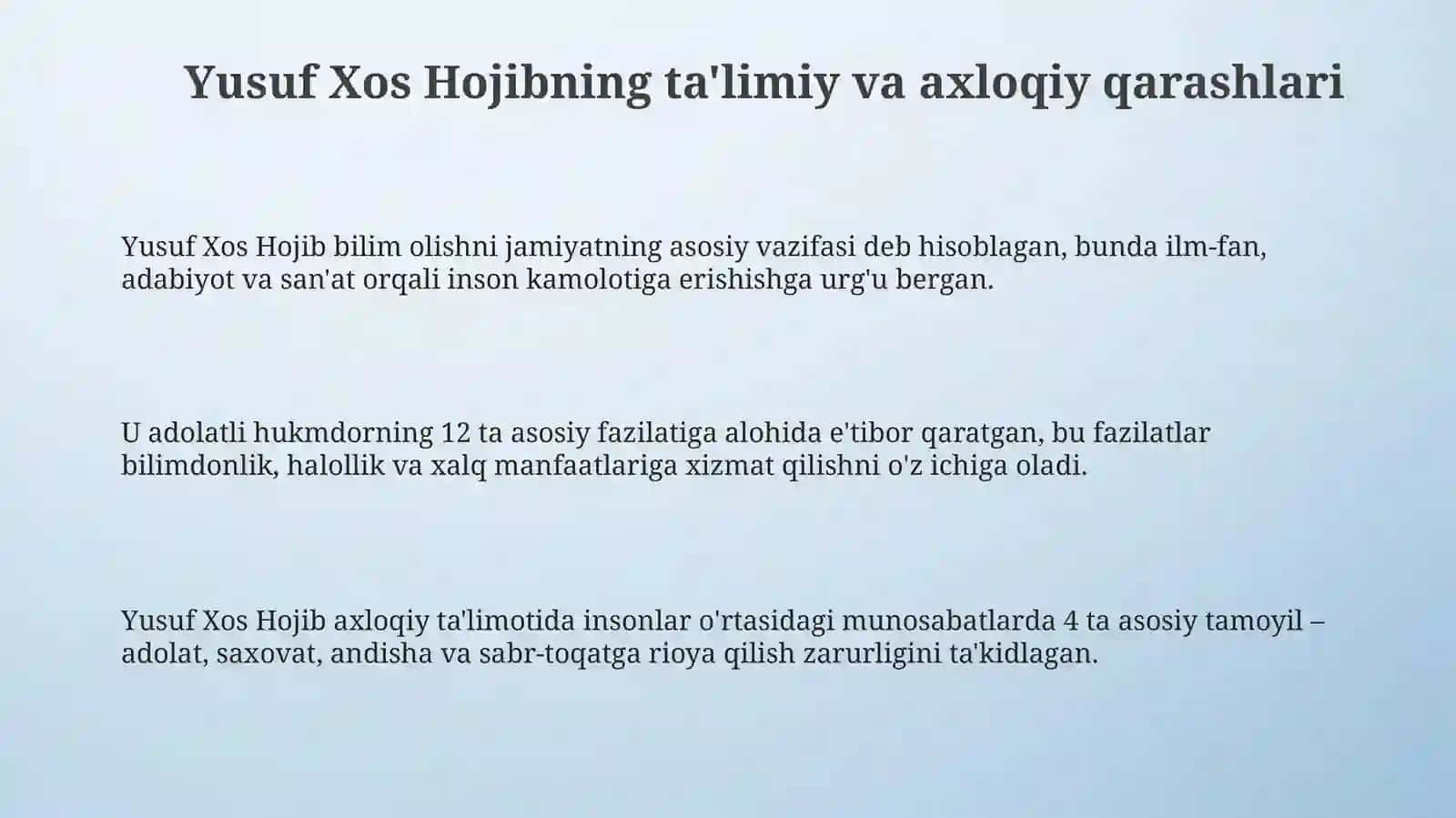 Yusuf xos hojib Mahmud Koshgʻariy va Ahmad Yugnakiyning taʼlimiy axloqiy qarashlari 3