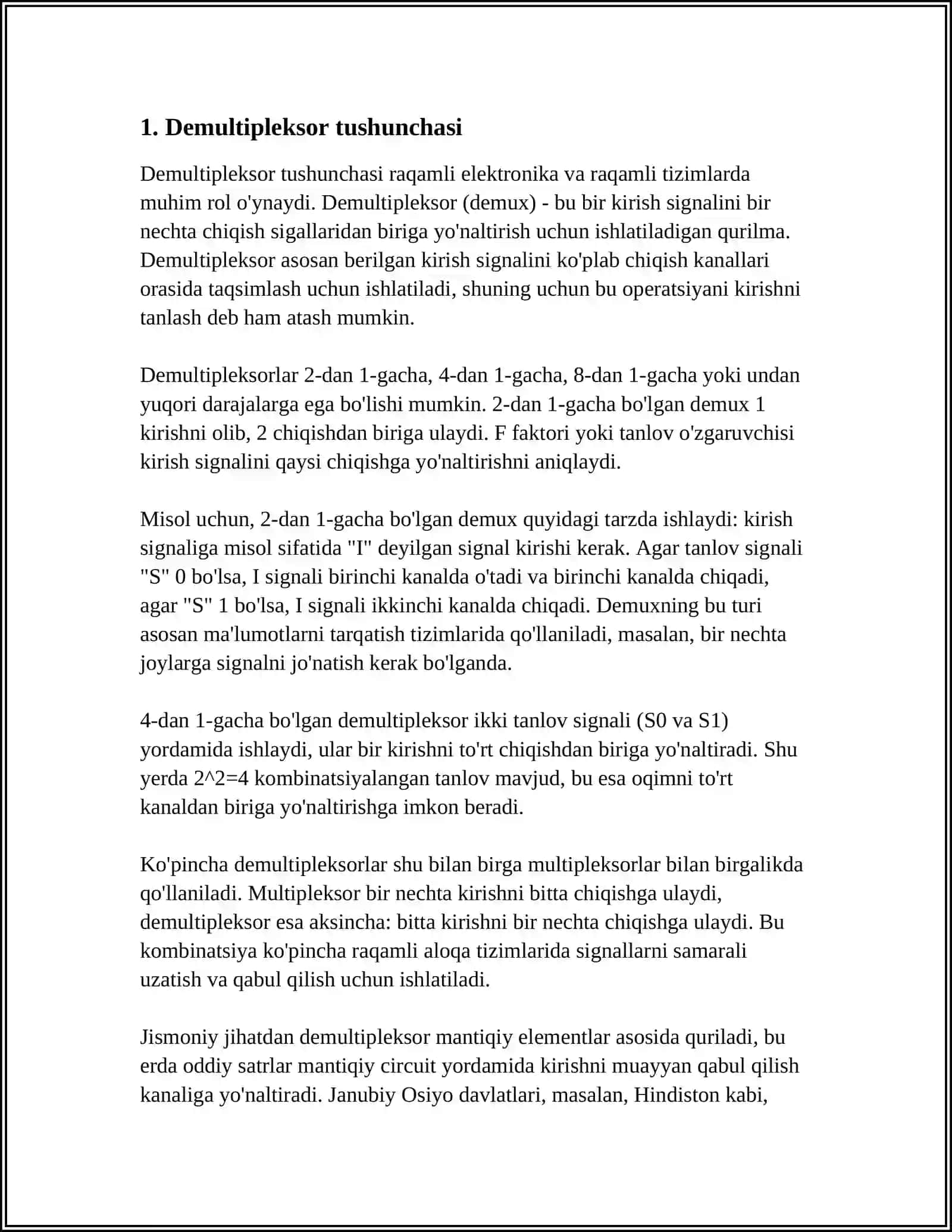 DEMULTIPLEKSOR TUSHUNCHASI, BOSHQARISH VA AXBOROT KIRISH YOʻLLARI, SHARTLI BELGILANISHI 3