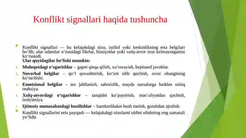 KONFLIKT SIGNALLARI AGGRESSIYA VA ZORAVONLIK HAQIDA TUSHUNCHA UNING MOHIYATI .KONFLIKTLI VAZIYATDA G’AZAB VA QAXR.O’QITUVCHI VA O’QUVCHI O’RTASIDAGI NIZOLARNING O’ZIGA XOS XUSUSIYATLARI.KONFLIKTLI VAZIYATLARNI XAL ETISHDA OILANING ROLI 3