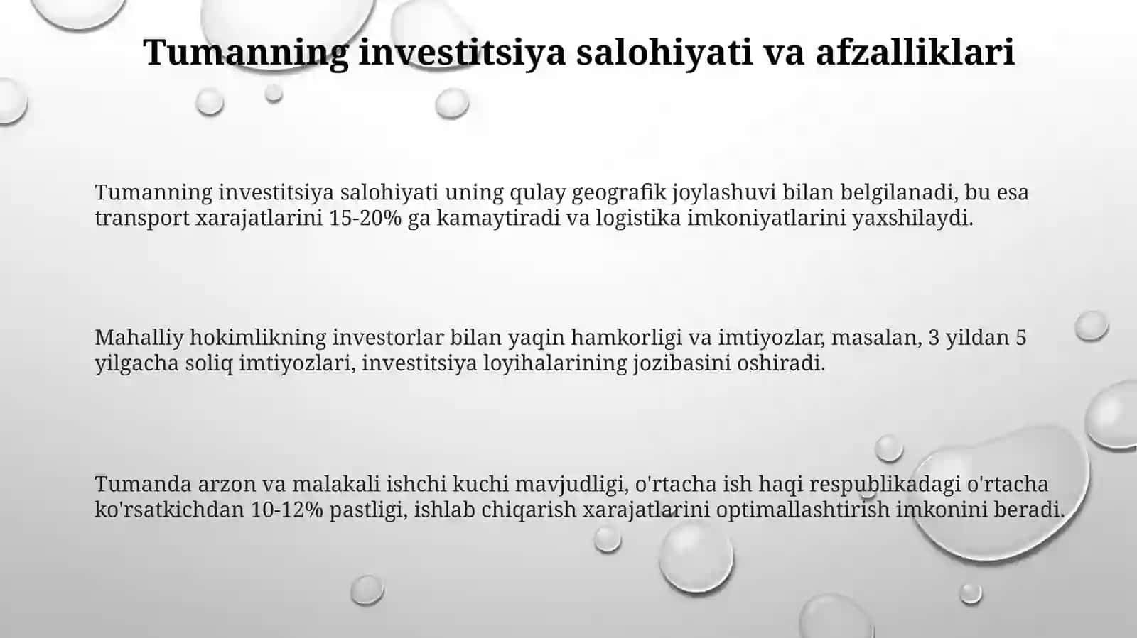 Oʻzbekiston tumaniga jalb etilgan investitsiyalar 3