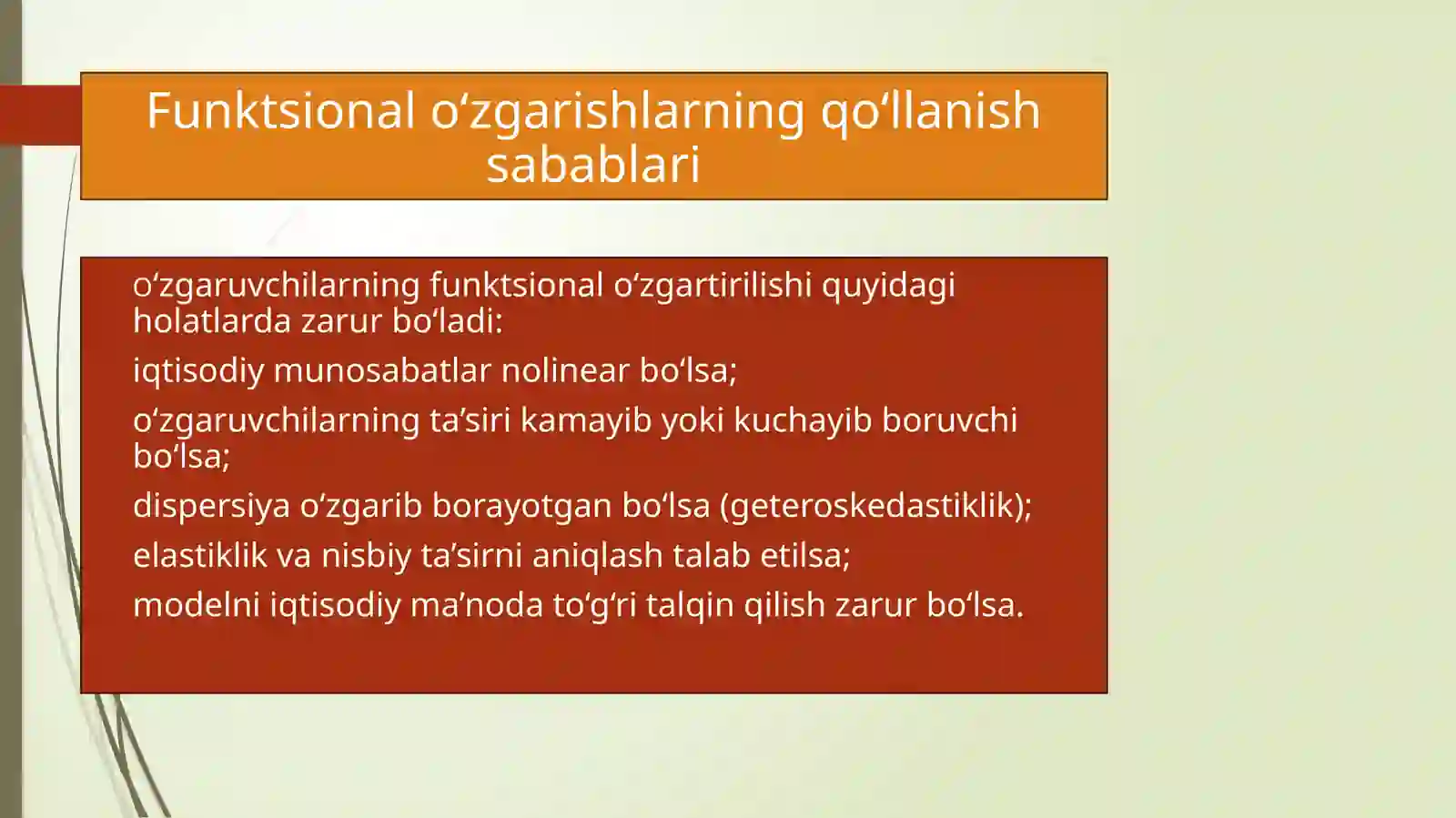 Chiziqli regressiya modelidagi o'zgaruvchilarning funksional o'zgarishlari 3