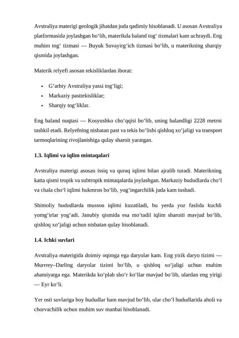 AVSTRALIYA MATERIGI GEOGRAFIK TUZILISHI, AHOLISI, TURIZMI VA QISHLOQ XO‘JALIGI 3
