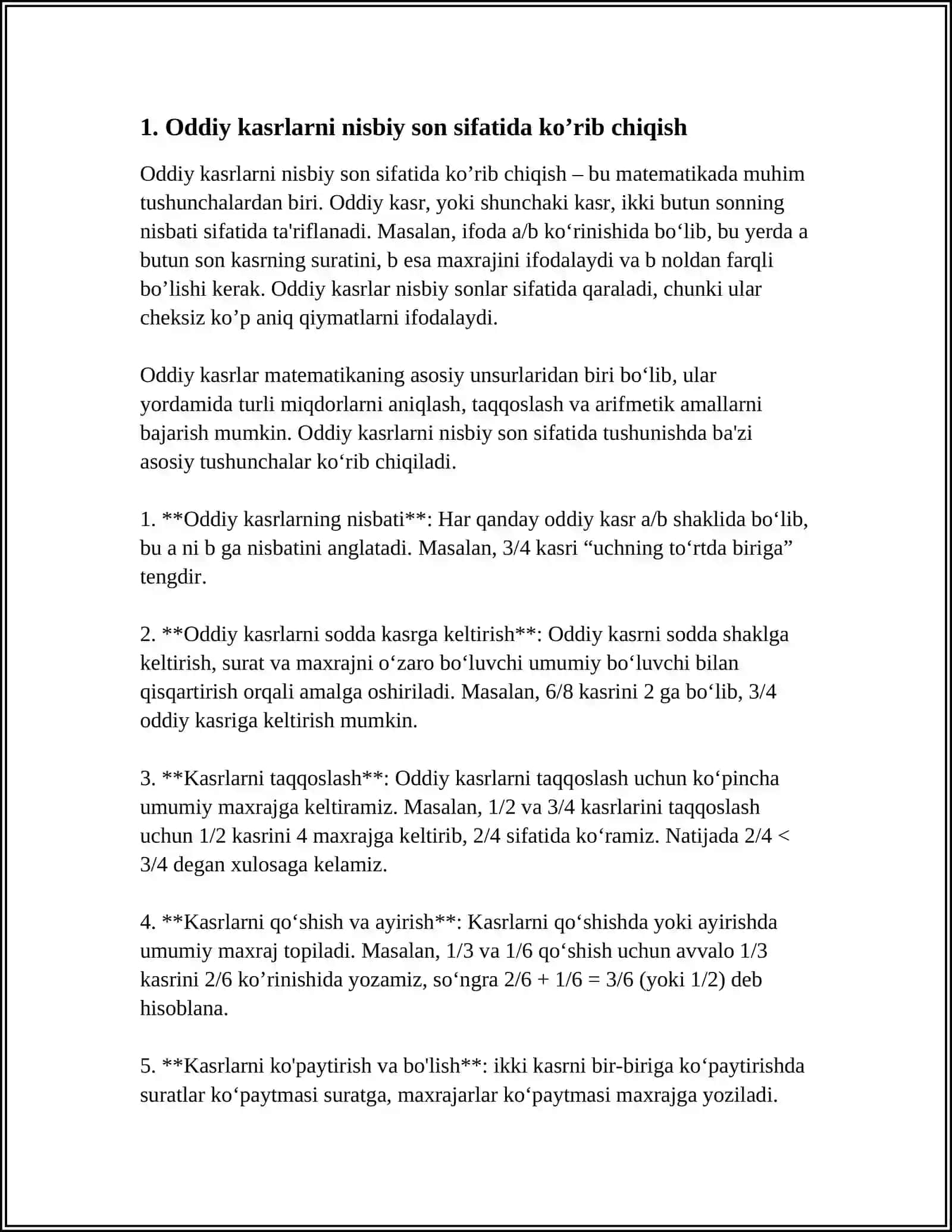 ODDI KASRLAR. ÒNLI VA CHEKSIZ DAVRIY ÒNLI KASRLAR. ALGEBRAIC IFODA MISOLLARI BILAN 3