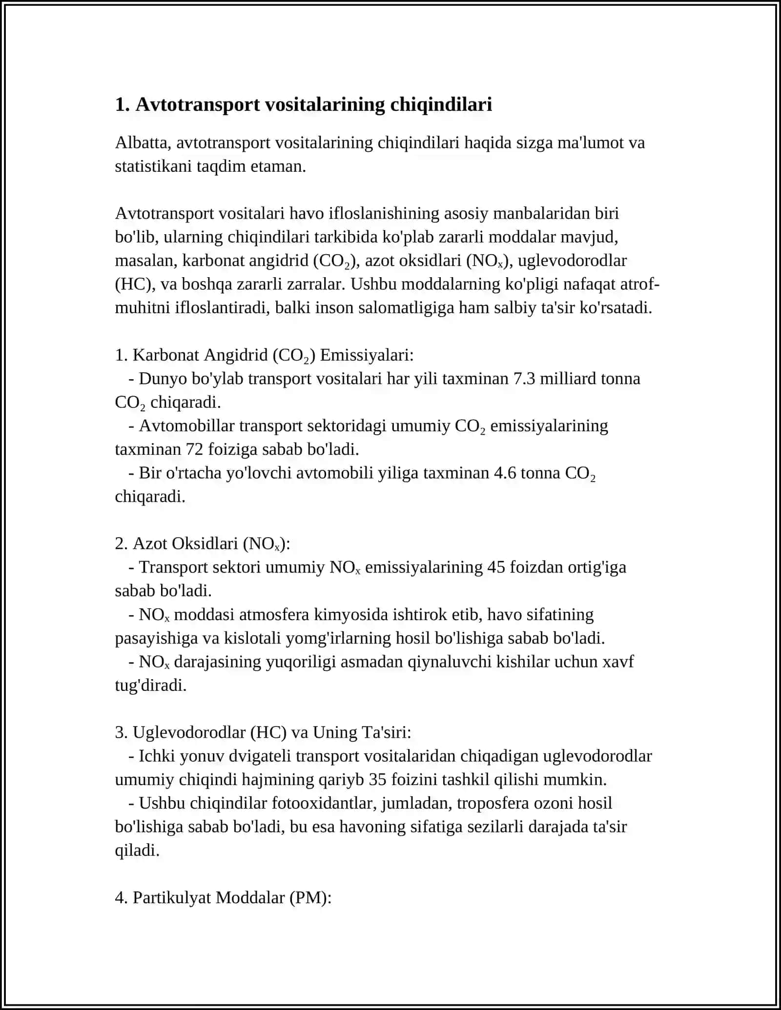 AVTOTRANSPORT VOSITALARINING ZARARLI CHIQINDILARI BILAN ATMOSFERA HAVOSINING IFLOSLANISHINI LABORATORIYA NAZORATI USULLARINI TAHLIL QILISH 3