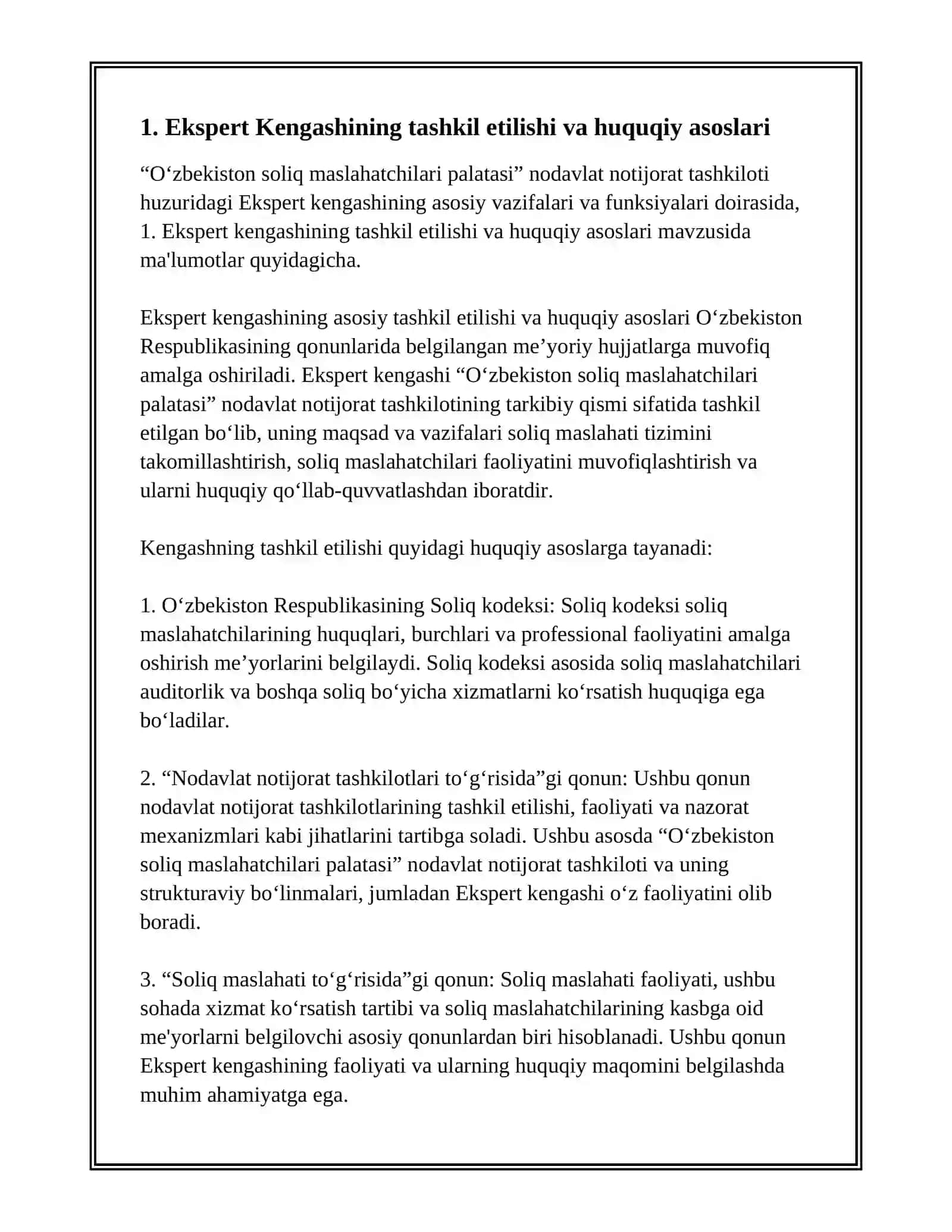 “O‘ZBEKISTON SOLIQ MASLAHATCHILARI PALATASI”NNT HUZURIDAGI EKSPERT KENGASHINING ASOSIY VAZIFALARI VA FUNKTSIYALARI 3