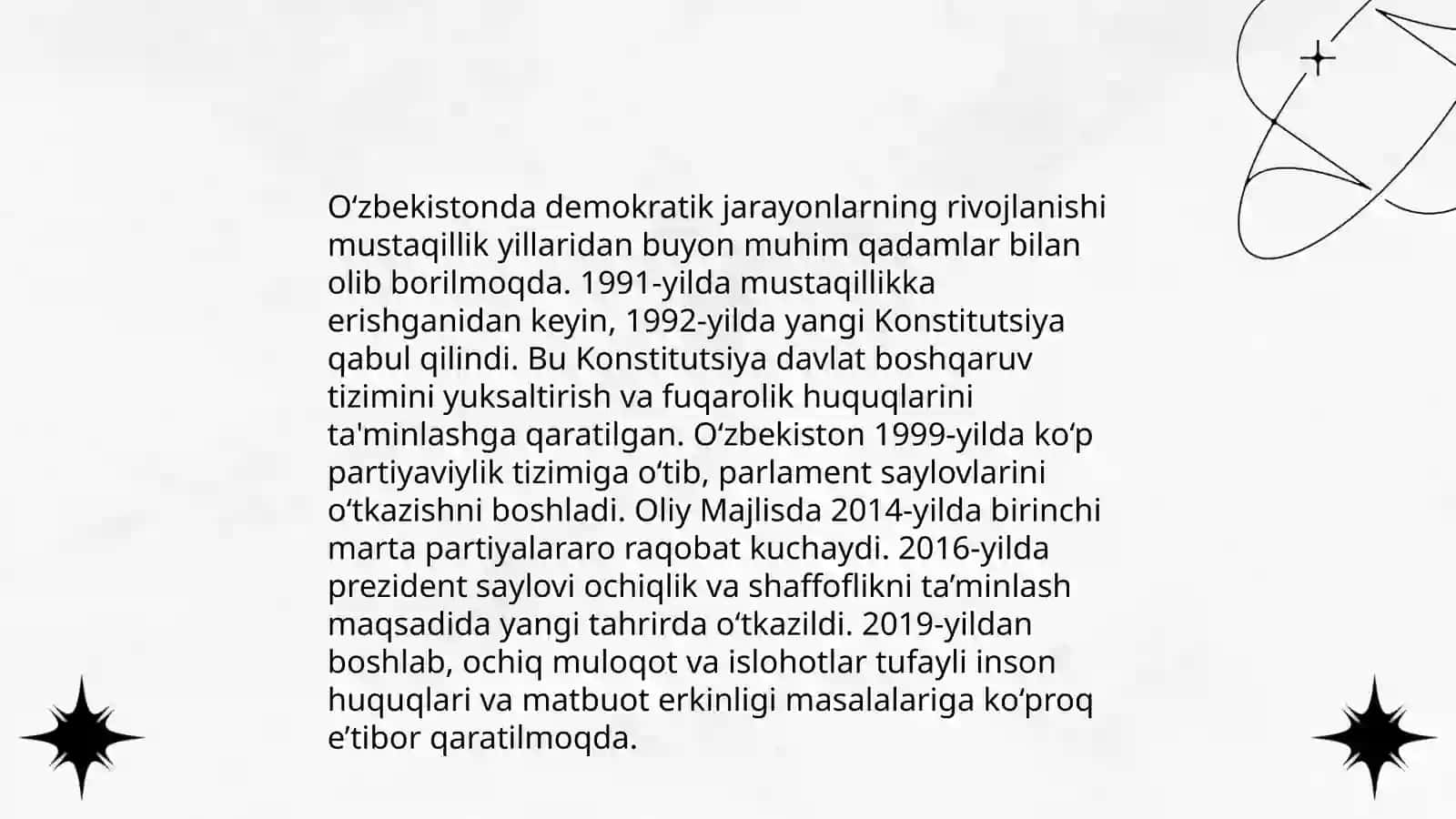 O'zbekistonda demokratik fuqarolik jamiyati asoslari shakllanishi, amalga oshirilgan siyosiy islohotlar 3