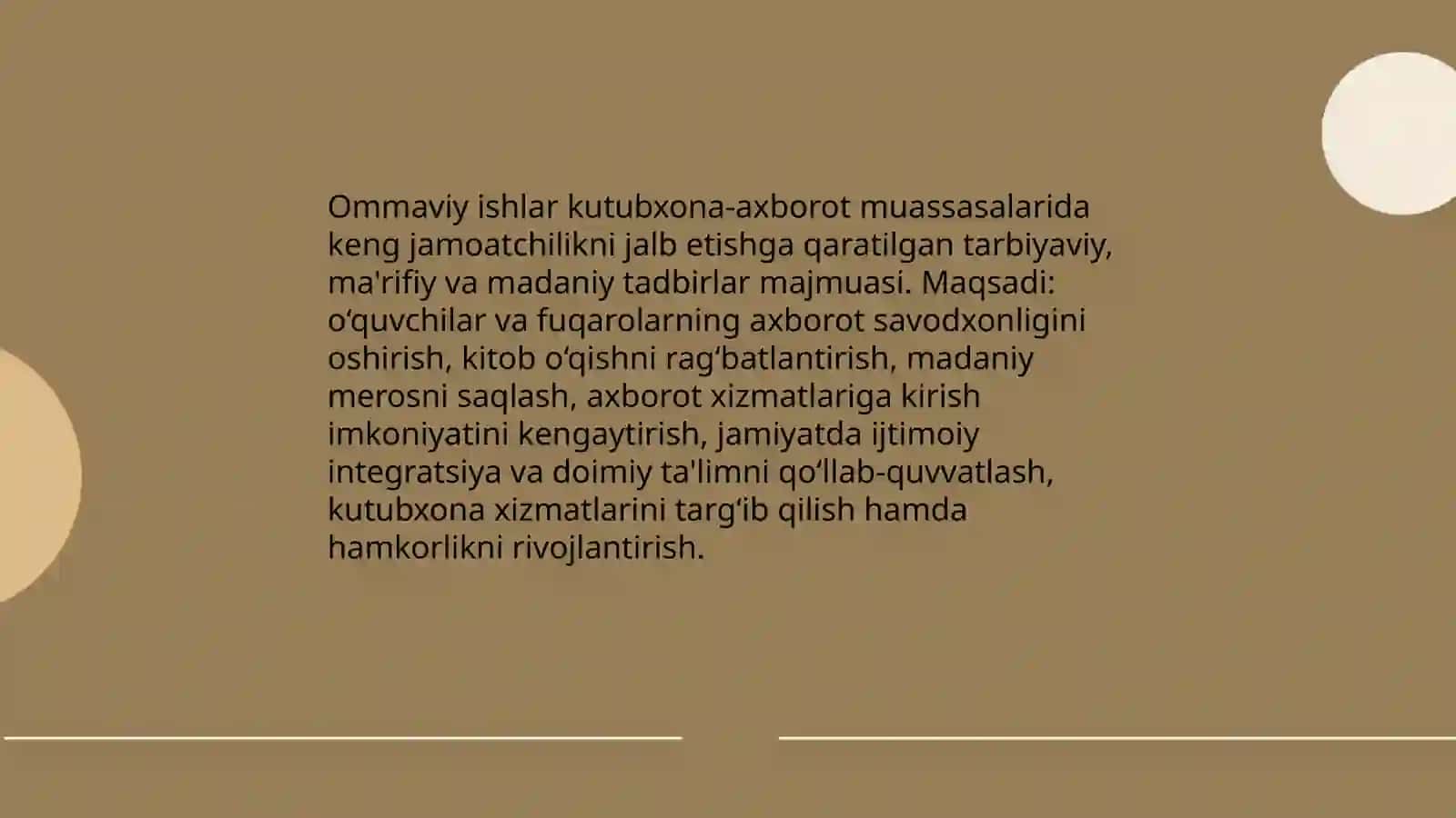 Kutibxona-axborot muassasalarida oʻtkaziladigan ommaviy ishlar ularning maqsadi vazifalari, turlari, xususiyatlari 3