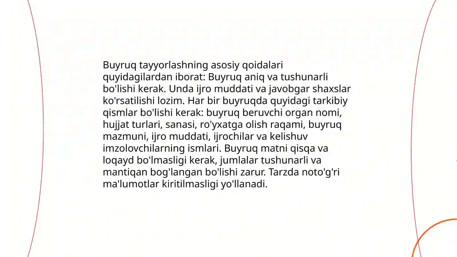 Farmoyish hujjatlari (buyruq, buyruqdan ko‘chirma, ko‘rsatma, farmoyish) tayyorlash ustida ishlash 3