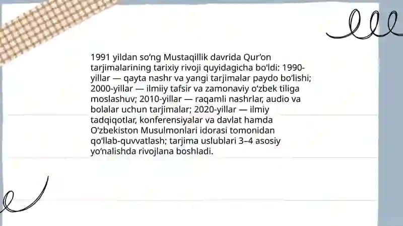 Mustaqillik yillarida Qur'onning oʻzbek tiliga tarjima qilinishi va tafsirlari 3