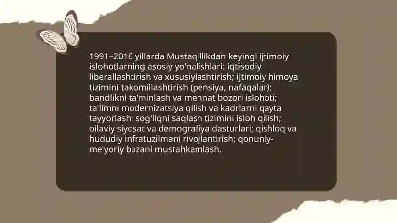 Oʻzbekistonda 1991-2016yillar oraligʻida amalga oshirilgan ijtimoiy islohatlar tarixi 3