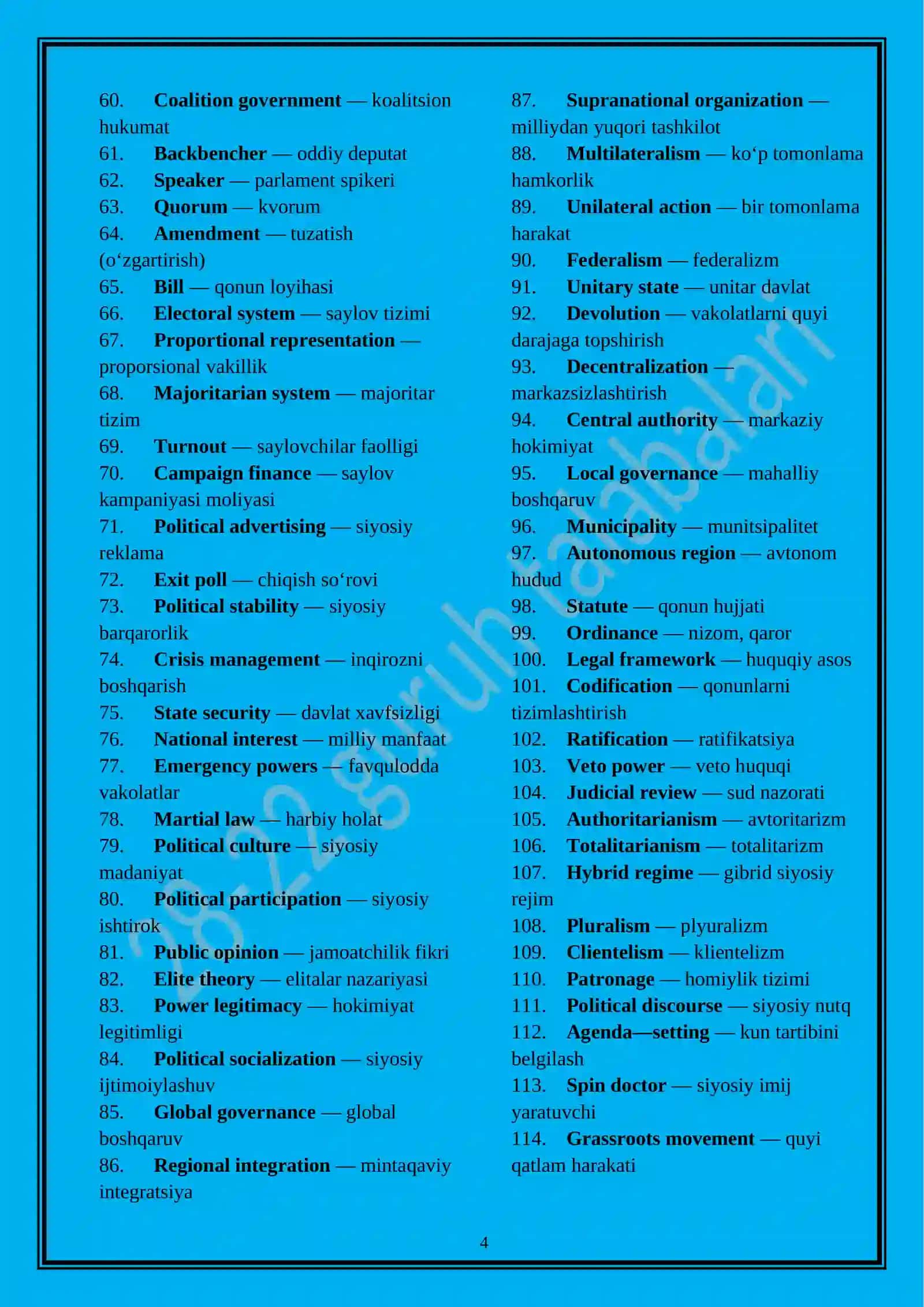 Political science dictionary. Siyosatshunoslik lug'at. Ingilizcha-o’zbekcha siyosiy so’zlar lug’ati 3