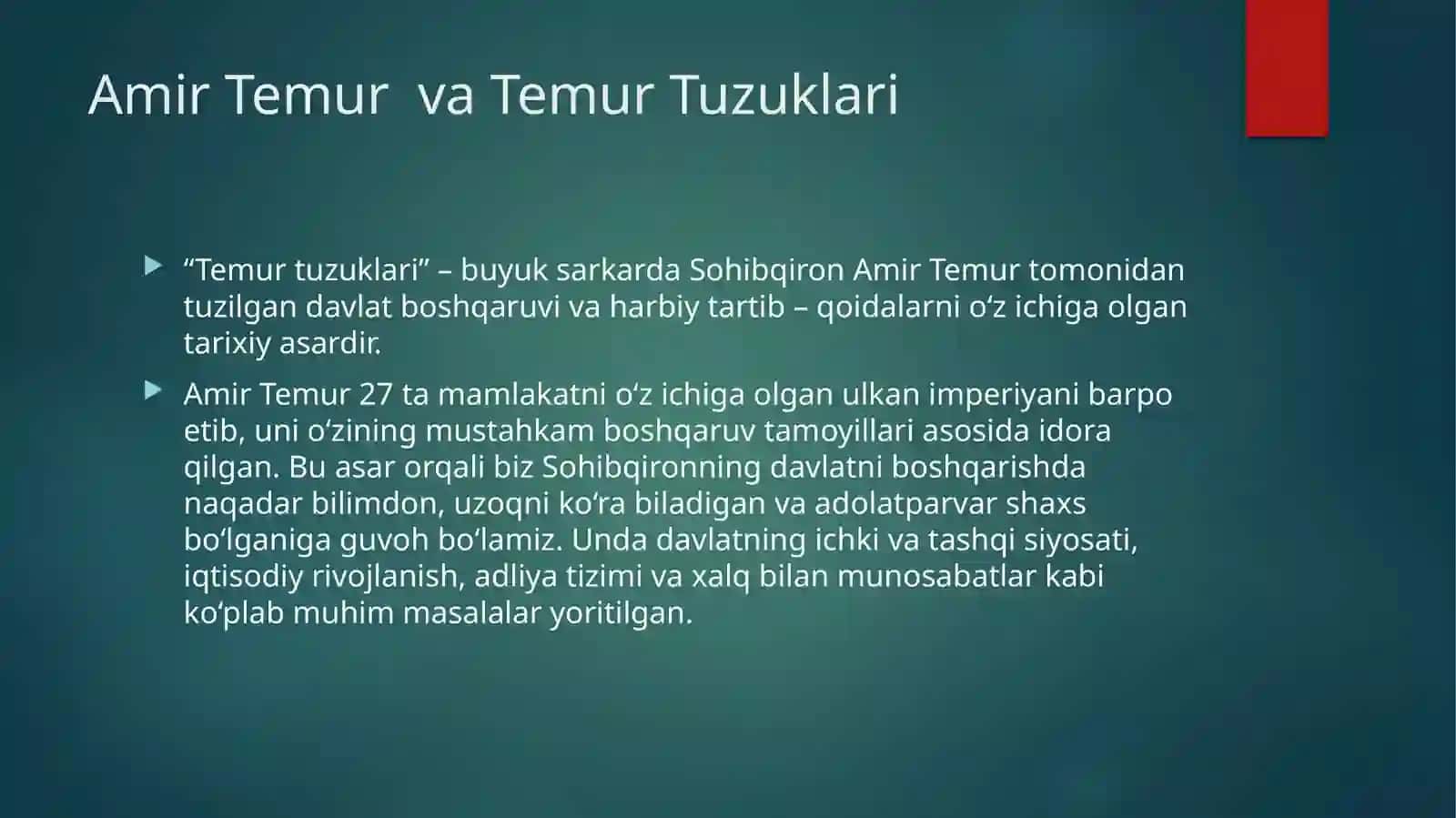 TEMUR TUZUKLARI ASARIDA DAVLATCHILIKNI BOSHQARISH TAMOYILLARI HAQIQAT VA ADOLATNI O‘RNATISHDA INSONPARVARLIK G‘OYALARI 3