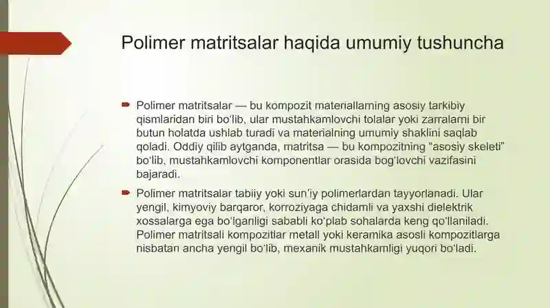POLIMER MATRITSALARI. TERMOSET VA TERMOPLASTIK MATRITSALAR 3