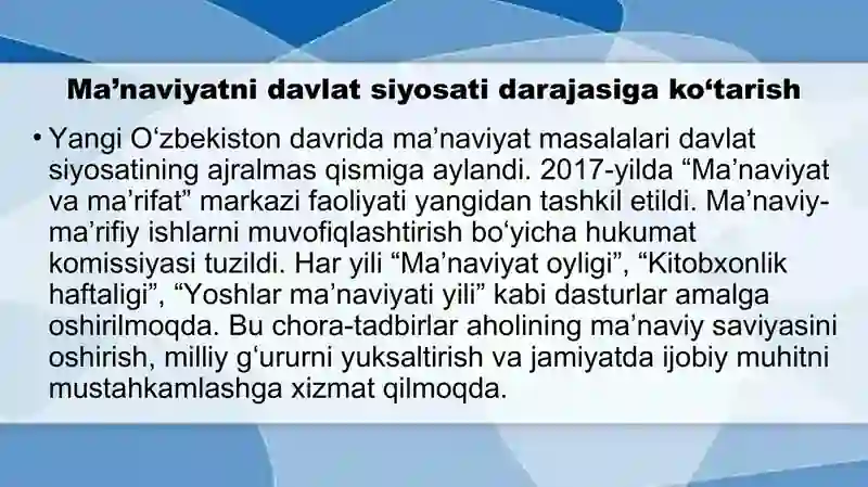 Yangi O‘zbekiston davrida amalga oshirilayotgan ma’naviy o‘zgarishlar 3