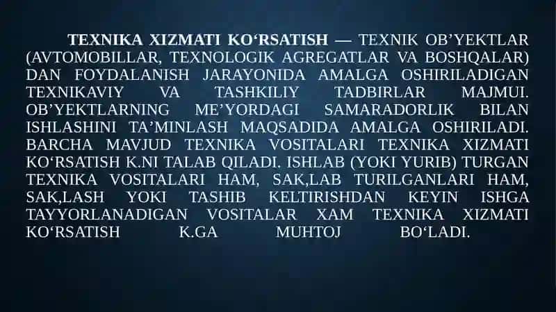 Texnik Xizmat Ko'rsatish (TXK-1,TXK-2) Mintaqalarini Tashkiliy Tarkibi, Ishlarini Tashkil Etish, Qo'llaniladigan Jixozlar 3