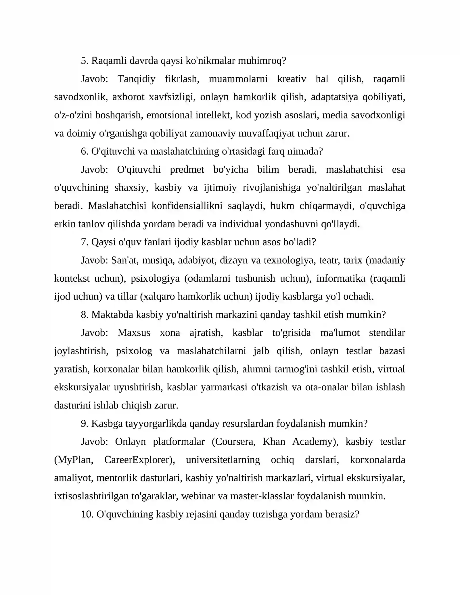 Maktab maslahatchisi lavozimi uchun imtihon savollari va javoblari. 2026 3