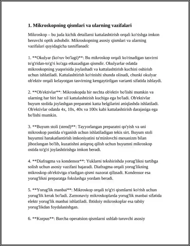 MIKROSKOP BILAN ISHLASH QOIDASI VAQTINCHALIK PREPARATLAR TAYYORLASH 3