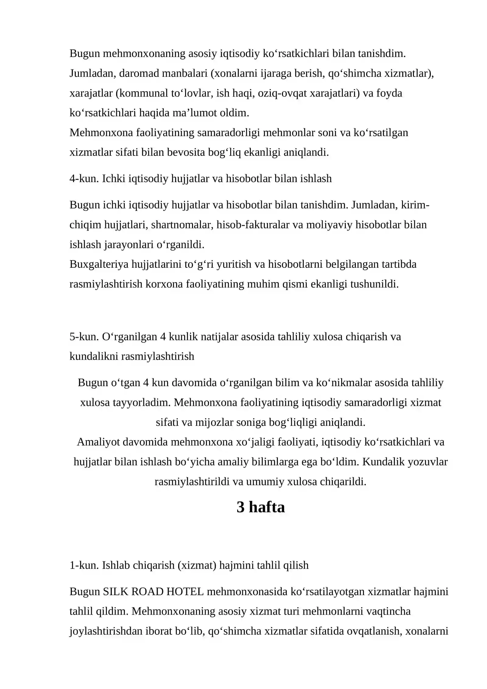 Amaliyot bazasi — SILK ROAD HOTEL mehmonxonasi bilan tanishdim 3