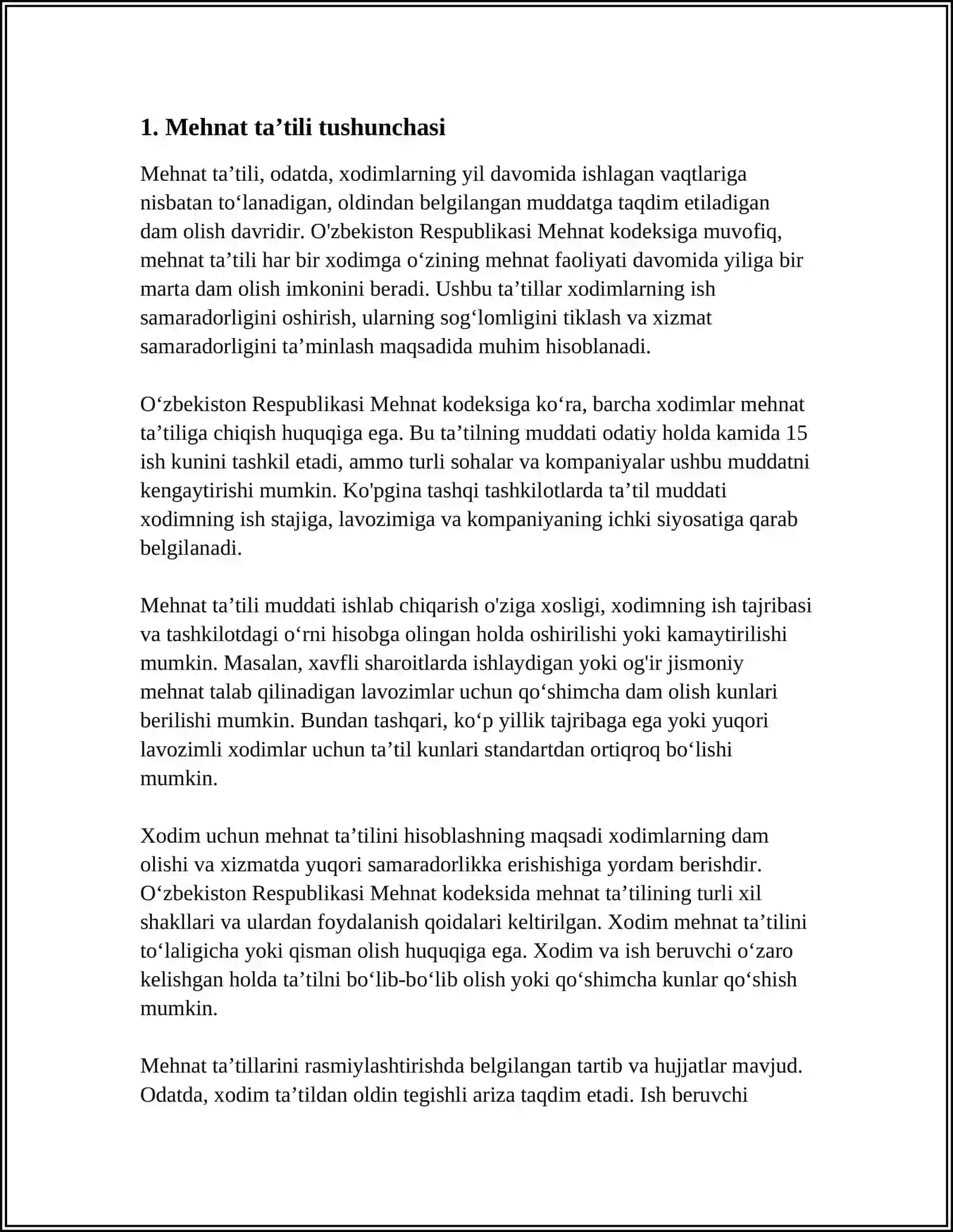 MEHNAT TA’TILI, XIZMAT SAFARI VA VAQTINCHA MEHNATGA QOBILIYATSIZLIGI BO‘YICHA NAFAQA PULINI HISOBLASH 3