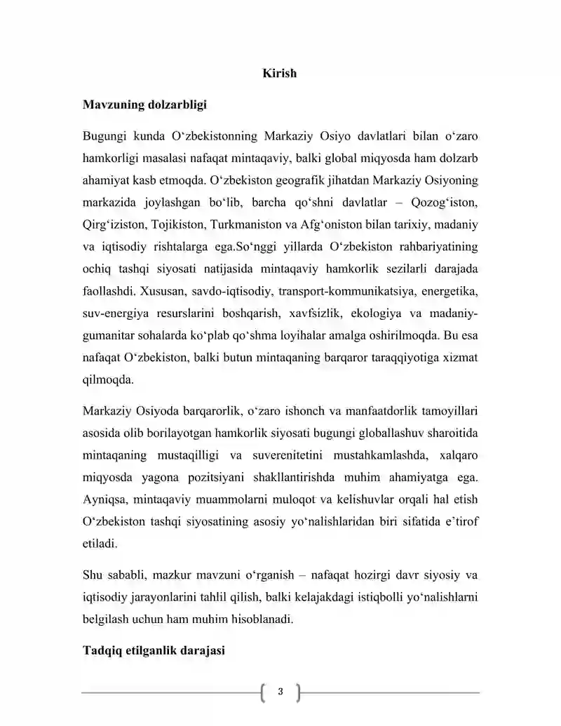 OʻZBEKISTONNING MARKAZIY OSIYO DAVLATLARI BILAN OZARO HAMKORLIGI KURS ISHI 3