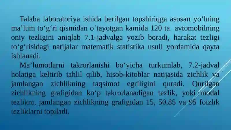 Amaliy mashg‘ulot - Shahar yo‘llari va ko‘chalarida harakat tezligini o‘lchash 3