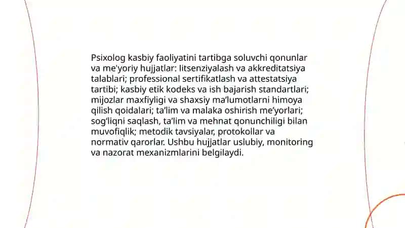 Psixolog kasbiy faoliyatini tashkil qilishda meyoriy xujjatlar 3