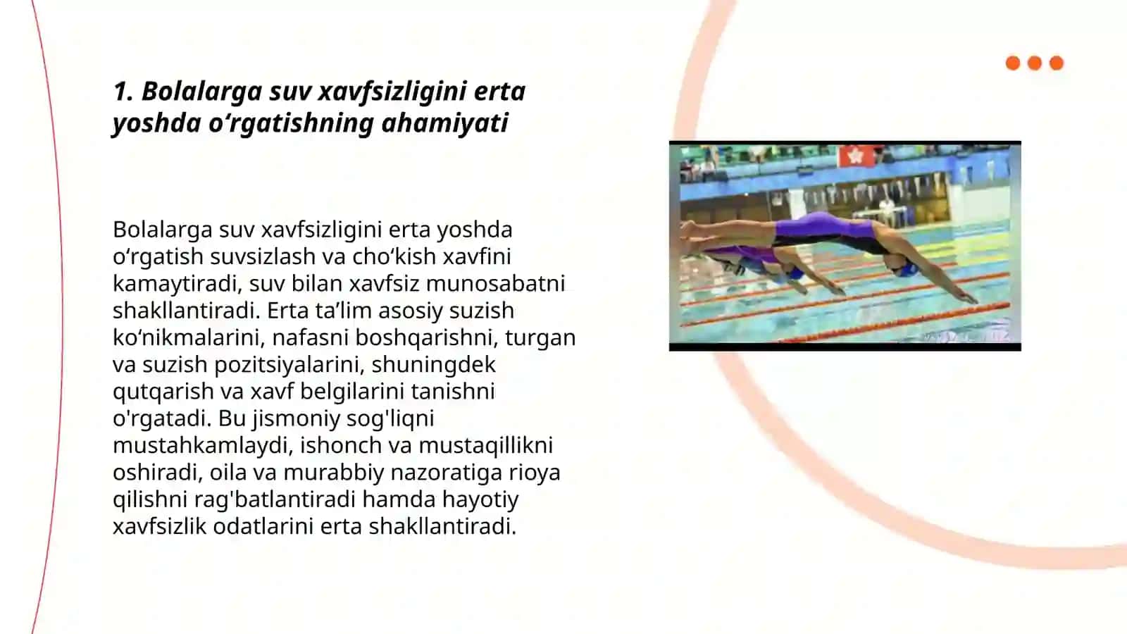 Bolalarni suv sportiga tayyorlashda xavfsizlik qoidalarni oʻrgatishning ahamiyati.Suzish inson salomatligiga ta'siri 3