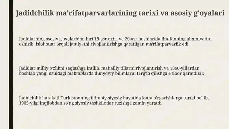 Jadidma'rifarparvarlarning òlkaijtimoiy-ma'naviy hayotidagi o'rni 3