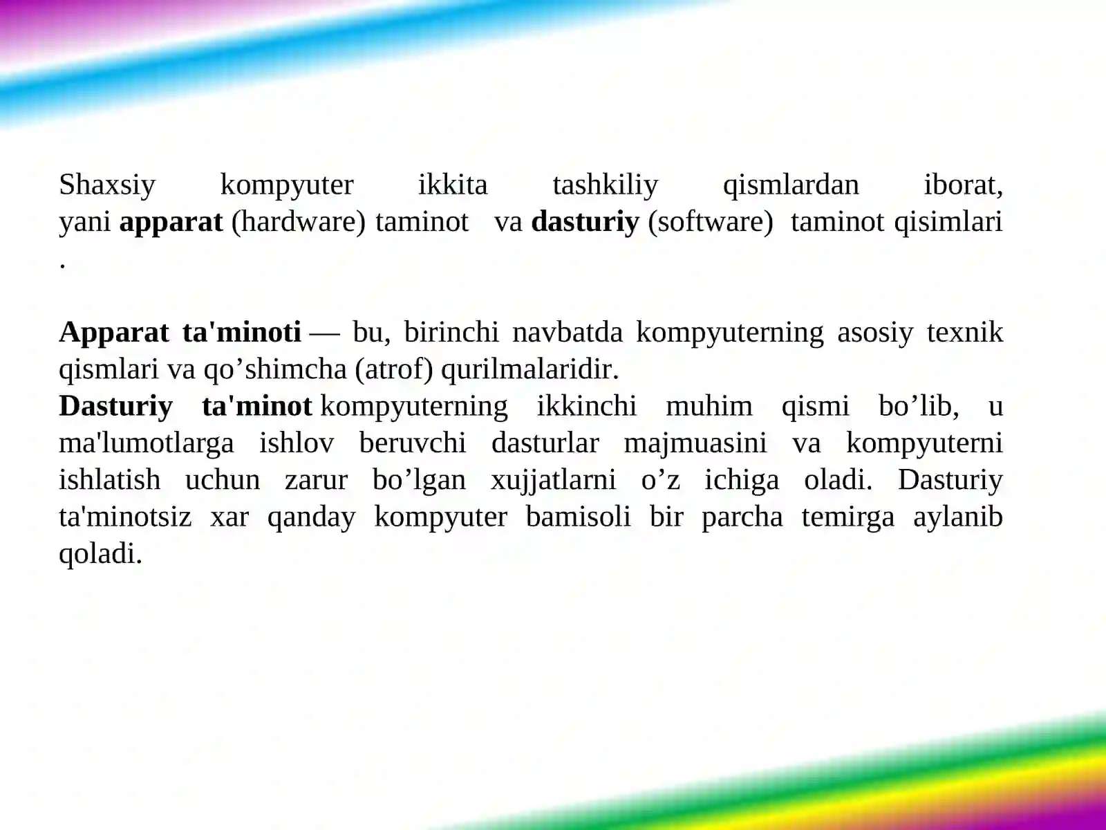 Operatorlar va standart funksiyalar (shartli operatorlar, tanlash operatorlari, massiv operatorlari, massivlar, tuzilmalar va protseduralar) 3