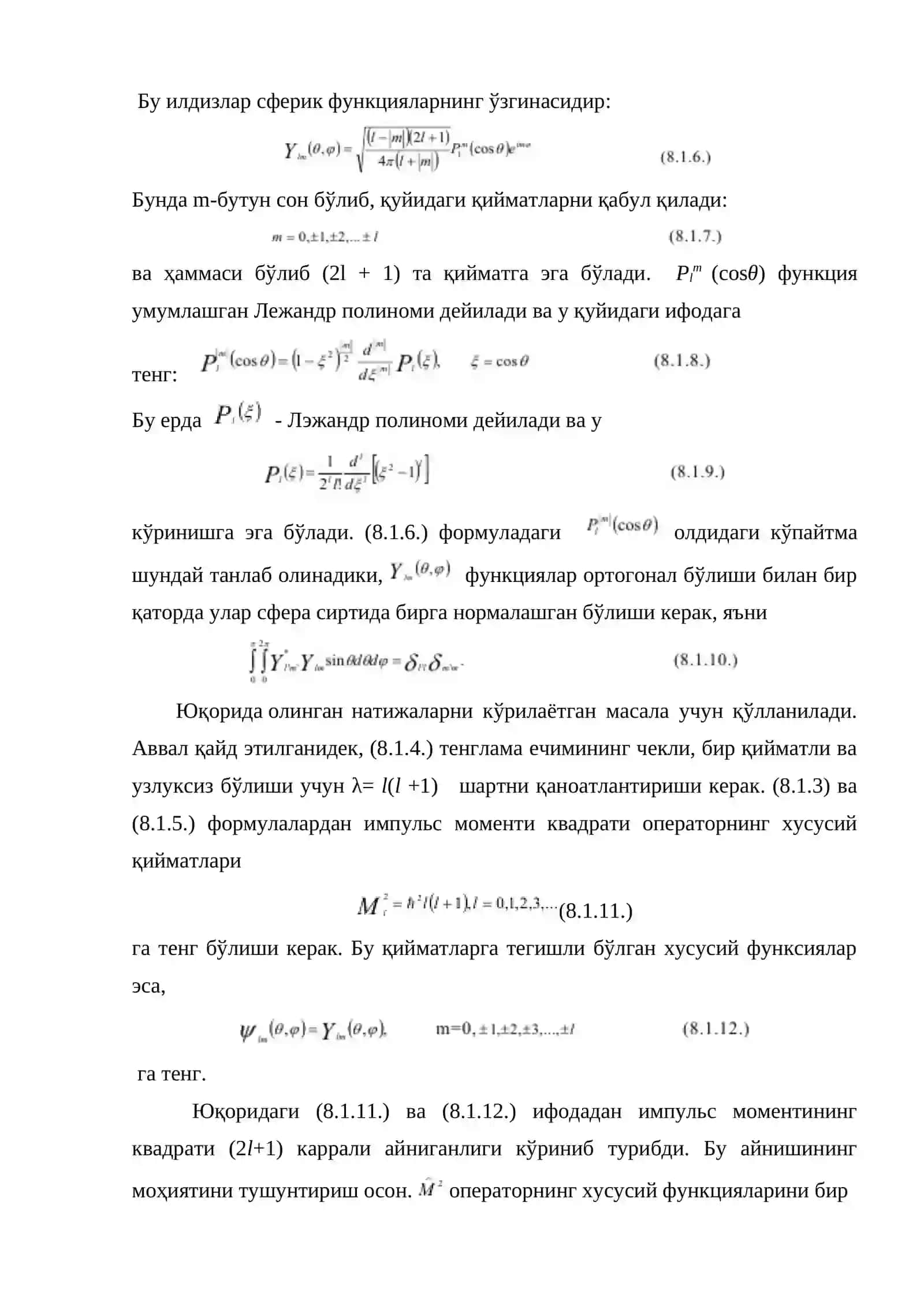 Импульс моменти квадрати ва кинетик энергия операторларининг ҳусусий функциялари 3