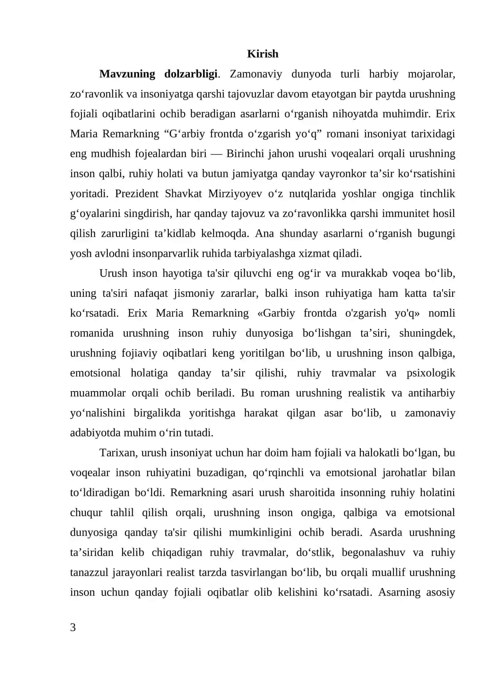 ERIX MARIA REMARKNING "G‘ARBIY FRONTDA O‘ZGARISH YO‘Q" ANTIHARBIY VA REALISTIK ROMANIDA URUSHNING INSON RUHIY DUNYOSIGA KO‘RSATGAN TA’SIRI VA URUSHNING FOJIAVIY OQIBAT 3