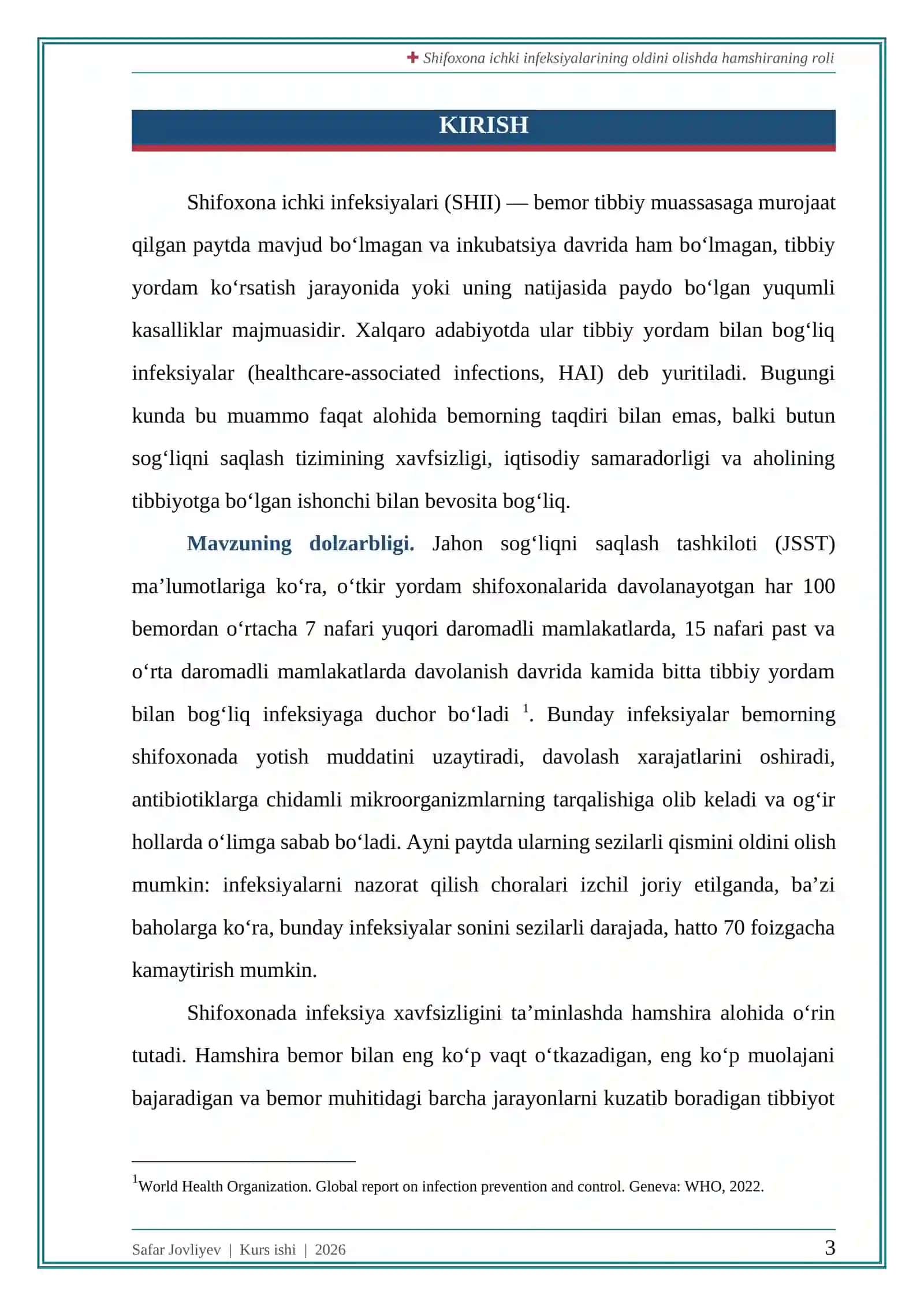 “SHIFOXONA ICHKI INFEKSIYALARINING OLDINI OLISHDA HAMSHIRANING ROLI” 3