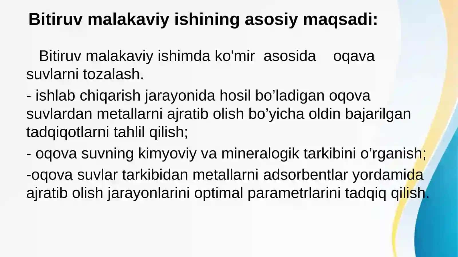 Oqovasuvlarni tozalash mavzusidagi malakaviy bitiruvchi asosida tayyorlagan taqdimot 3