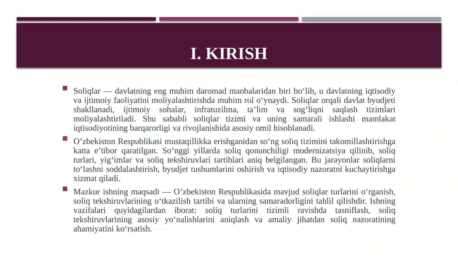 O’zbekiston Respublikasida soliqlar turlari va soliq tekshiruvlarining o’tkazish tartiblari 3