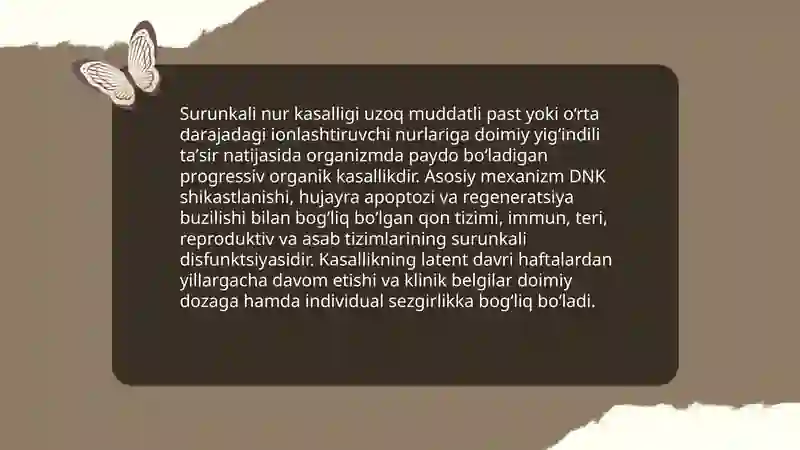 Surunkali nur kasalligi: patogenez, klinik ko'rinishlari, klinik bosqichlari, og'irlik darajasiga xos diagnostik kriteriylari. Davolash prinstiplari. 3