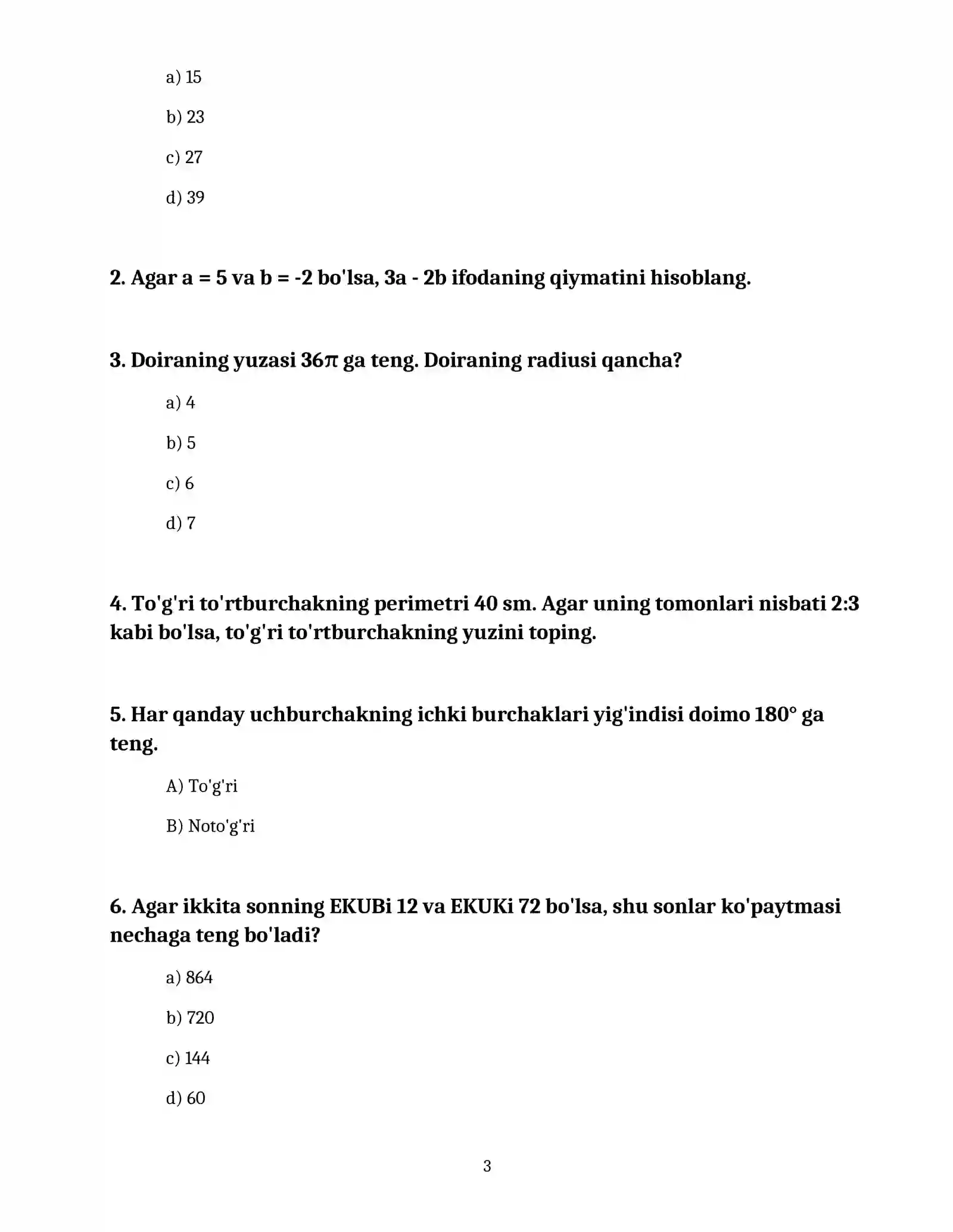MATEMATIKA: MANTIQIY VA HISOBLASHGA DOIR DTM TESTLARI 3