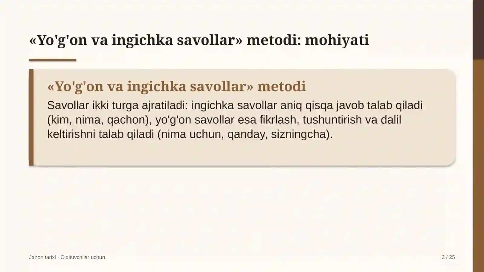 jahon tarixi darslarida yo'g'on va ingichka savollar metodidan foydalanish 4174 3