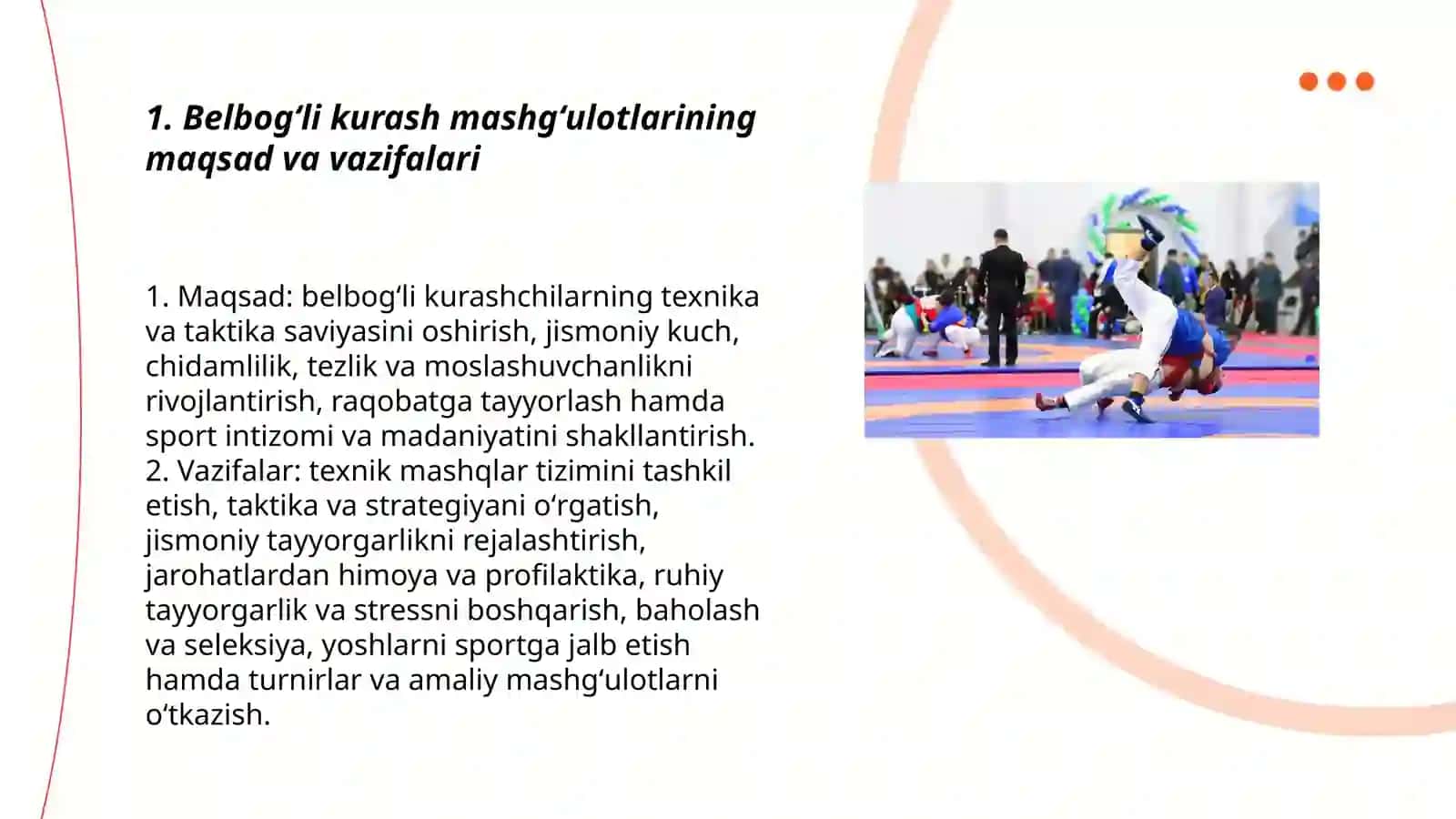 Belbogʻli kurash mashgʻulotlarni tashkillashtirish va oʻtkazish nazaryasi 3