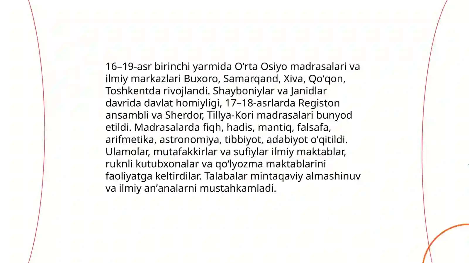 16-19 asr birinchi yarmida Oʻrta Osiyo xalqlari madaniyati 3