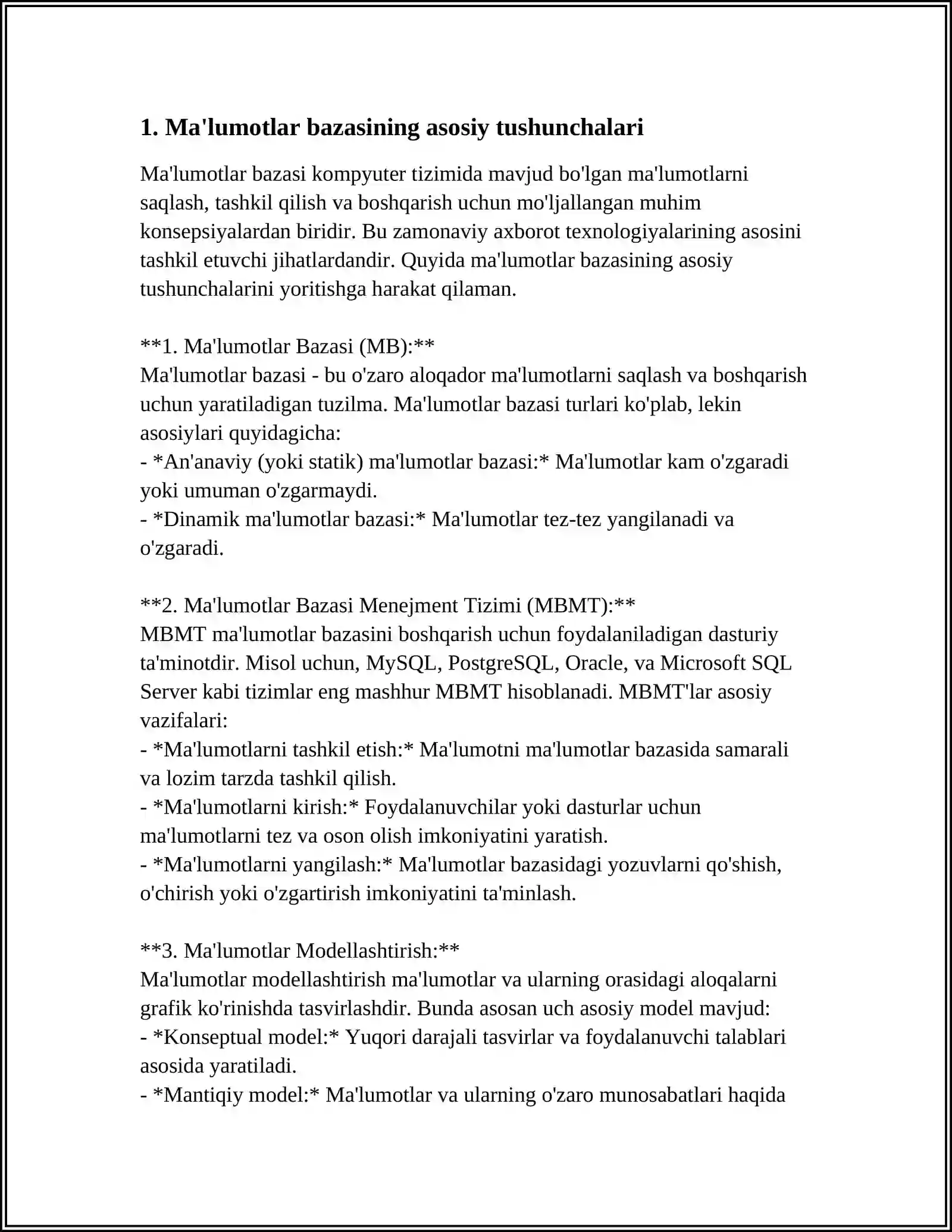 MA'LUMOTLAR BAZASI. MA'LUMOTLAR BAZASINI BOSHQARISH TIZIMLARI. ACCESS DASTURIDA MA'LUMOTLAR BAZASINI HOSIL QILISH QO‘SHIMCHA IMKONIYATLARI HAQIDA 3